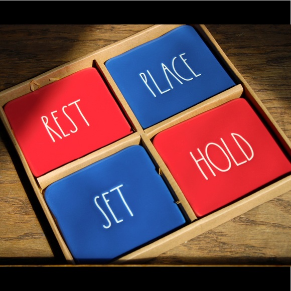 RAE DUNN REST/SET/HOLD/PLACE red/blue ceramic coaster set NIB - Picture 7 of 15
